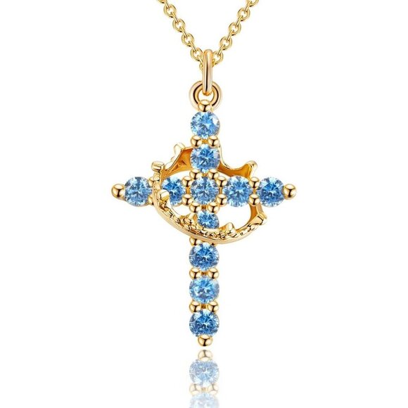 Diamond Crown Cross Necklace 14K Gold Silver Faith Pendant for Women Gift Chain - Picture 8 of 8